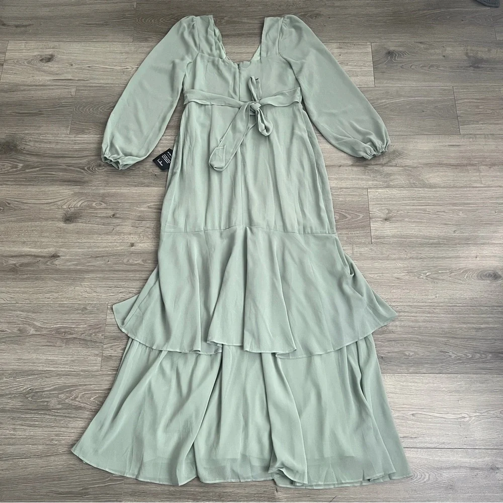 Lulus Tier Elegance Tiered Maxi Dress Large Sage Green Chiffon Long Sleeve *FLAW - Picture 8 of 12